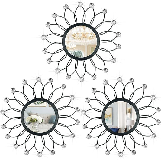3 Pack Metal Mirrors for Wall Sunburst Wall Mirrors Home Décor Decorative Hanging Wall Art for Living Room Bedroom Entryway (Black Crystal, Flowers)