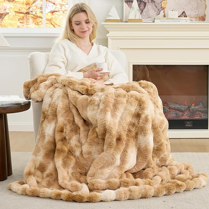 Cozy Bliss Deluxe Striped Rabbit Faux Fur Throw Blanket, Soft Fluffy Warm Plush Blanket for Winter, Modern Homr Decor, Tie-dye Khaki 50"x60"