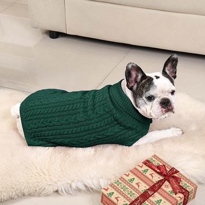 Dog Sweater 2 Pack for Medium Dogs, Size L, Red & Green | Stretchy cable knit turtleneck, machine washable, high belly cut, comfy winter fit for French Bulldog, Corgi