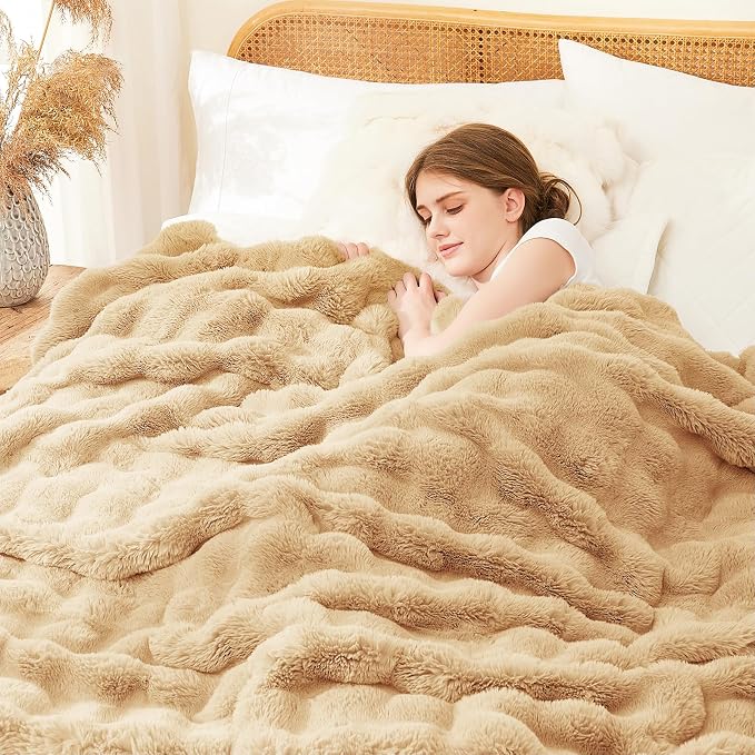 L'AGRATY Faux Rabbit Fur Throw Blanket for Couch, 90''x90'', Milk Tea Brown | Soft Cozy Bubble Fluffy Blanket for Sofa Bed, Thick Warm Plush Fuzzy Throw for Room Home Decor, Luxury Gift for Women Mom