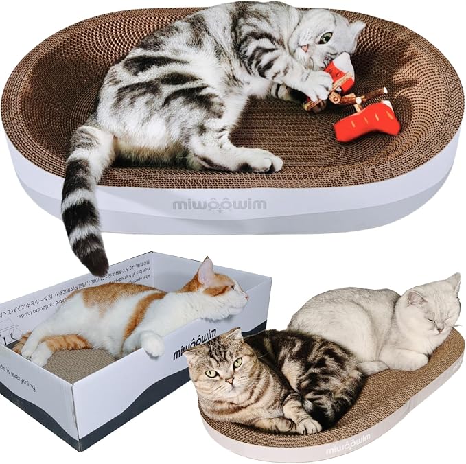 miwoowim 23.6" Extra Large Cat Scratcher Bed & Box Set, Oval Lounge Bowl | Includes 2 Oval Shape Beds & 1 Box with corrugated cardboard Scratch pad. Perfect for big cats and multi-cat households.