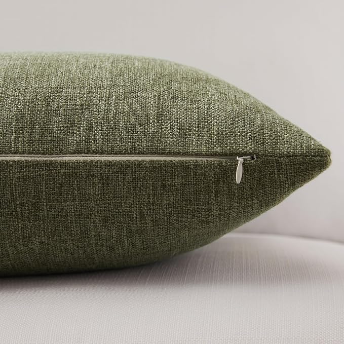 Meekio Set of 2 Dark Moss Green Throw Pillow Covers 22x22, Modern Farmhouse Linen Blend Decorative Pillow Covers for Couch Sofa Bed, Earth Tone Home Decor