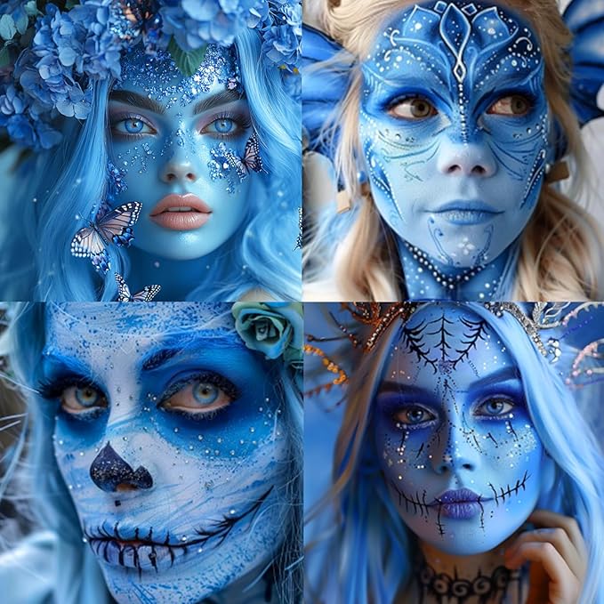 BADCOLOR 3PCS Blue White Light Blue Face Body Paint Stick Makeup for Sally/Corpse Bride SFX Cosplay & Dress Up, Full-Coverage Halloween Facepaint Makeup Kit
