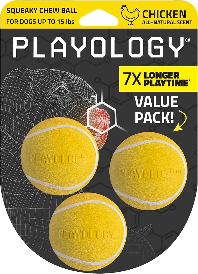 Playology Squeaky Chew Ball Dog Toy - Small, Chicken Scent, 3-Pack