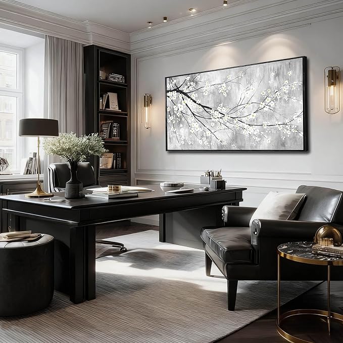Large Black Framed Minimalist Plum Blossom Wall Art Living Room 29x58 Inch