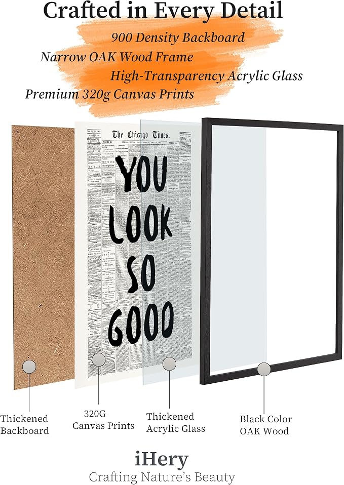 iHery 8x10in You Look So Good Framed Newspaper Wall Art | Premium Black OAK Wood Frame with Canvas Print, Vintage Newspaper Decor for Bedroom, Dorm, Vanity Room Living Room, 1Pack