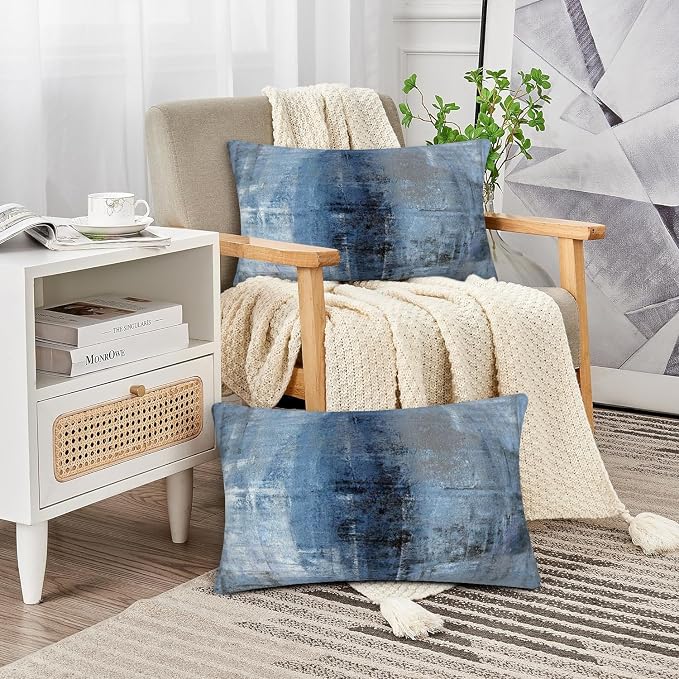 Blue and Grey Abstract Art Artwork Pillow Cover, Gallery Modern Decorative Throw Pillows Cushion Cover for Bedroom Sofa Living Room 12 x 20 Inch Set of 2