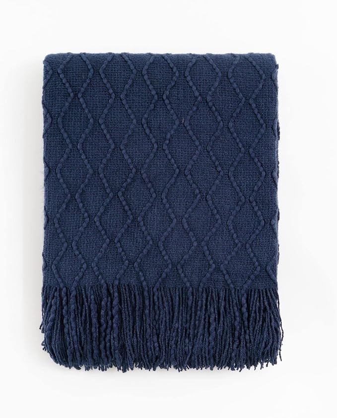 BATTILO HOME Navy Throw Blankets for Couch, Navy Blue Lightweight Decorative Blankets and Throws, Boho Warm Knit Blanket for Men and Women, 50"x60"
