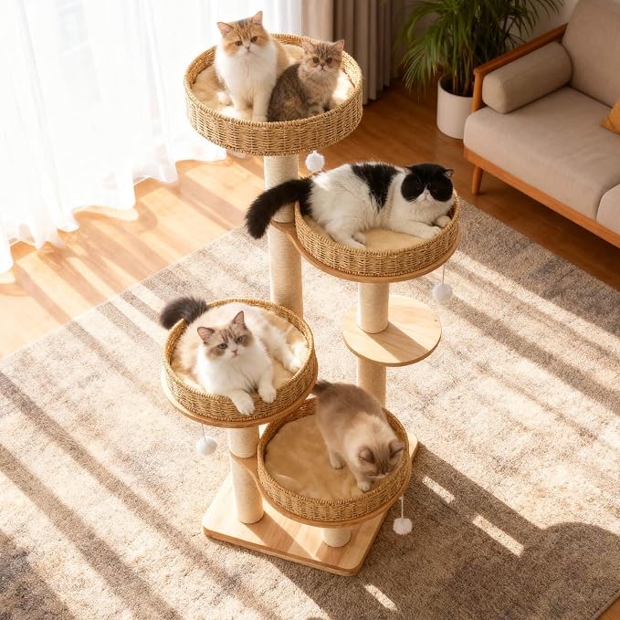 54in Solid Wood Cat Tree for Indoor Cats, Modern Tall Cat Tower | Multi-levels Cat Condo, with Scratching Post, with 4 Handwoven Rattan Cat Bed, for Large Cat, Easy to Clean