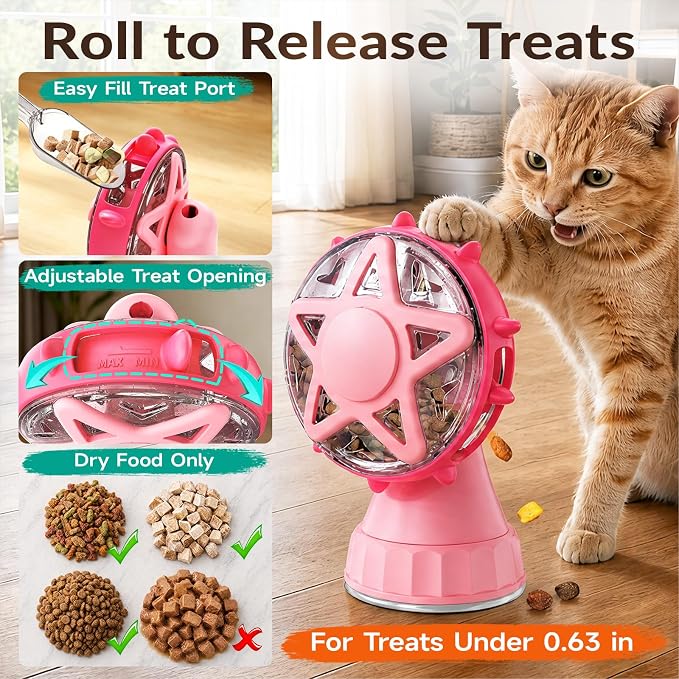 Interactive Cat Treat Dispenser Toy, 2-in-1 Slow Feeder & Wand Pink | Boredom Buster, Mental Stimulation, Puzzle Toy, Adjustable Slow Feeder, Suction Cup, Enrichment, Indoor Cats & Small Dogs