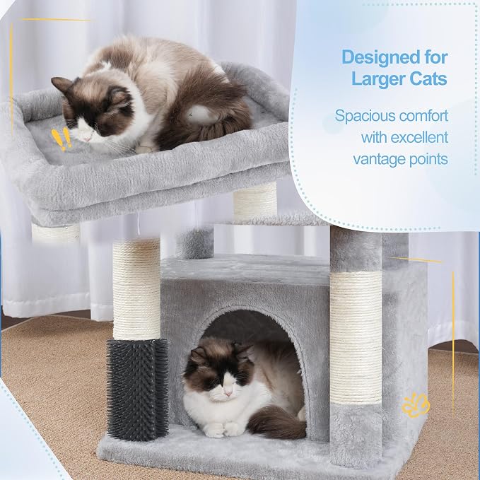 Hey-brother Cat Tree Tower with Extra Large Platform, Big Condo, MPJ070W | 51.1 Inches Scratching Posts with 2 Cozy Hammocks, Self-Grooming Brush for Indoor Adult Cats, Maine Coon, Light Gray