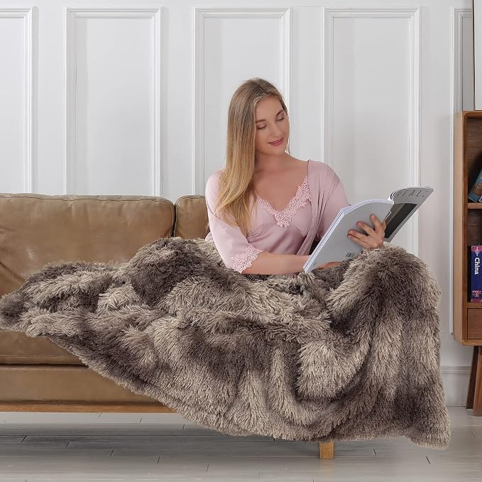 Decorative Extra Soft Faux Fur Throw Blanket,Solid Reversible Fuzzy Lightweight Long Hair Shaggy Blanket,Fluffy Cozy Plush Fleece Comfy Microfiber Fur Blanket for Couch Sofa Bed,Tie Dye Brown