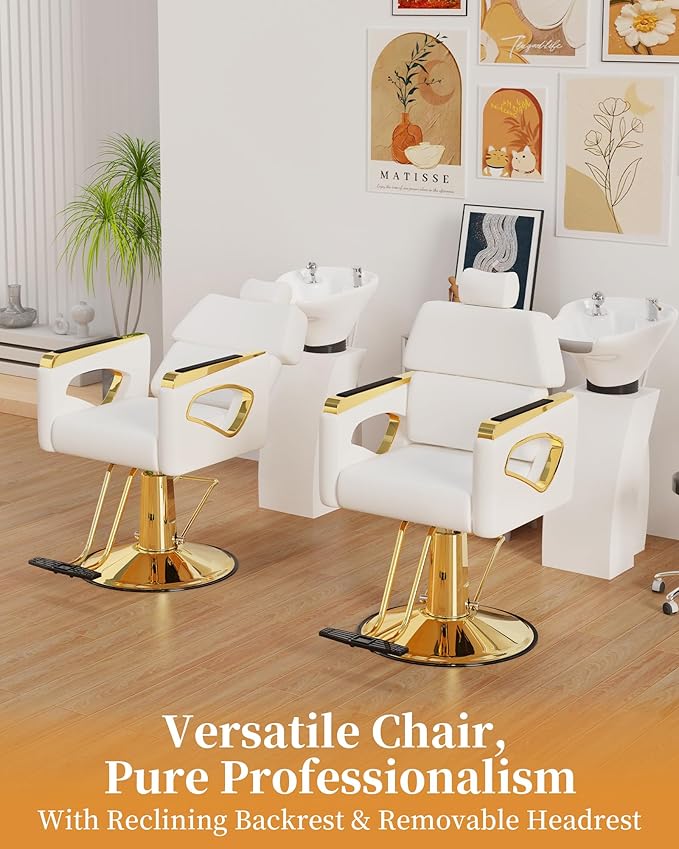 Baasha Reclining Salon Chair for Hair Stylist, All-Purpose Barber Chair with Heavy-Duty Hydraulic Pump, 360° Swivel Design, Removable Headrest, 440 lbs Capacity - White