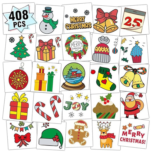 Partywind 408 PCS Kids Tattoos for Party Supplies, Individually Wrapped Sheet Temporary Tattoos Stickers for Kids Goodie Bag Stuffers, Fun Birthday Party Favors - Christmas
