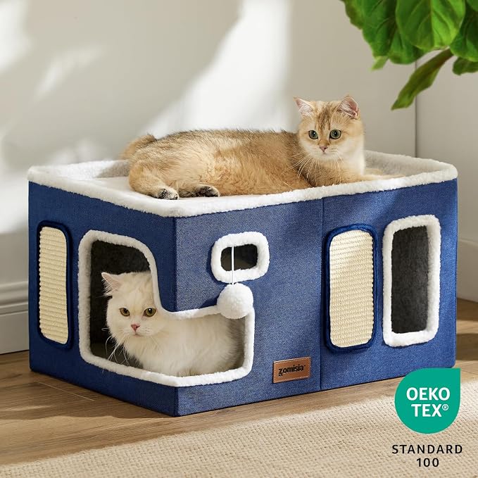 ZOMISIA Extra-Wide Cat House for Indoor Cats - Large Cat House for Pet with Fluffy Ball Hanging and Scratch Pad, Foldable Cat Hideaway for Multi Cats, 23x16.5x13 inches, Navy