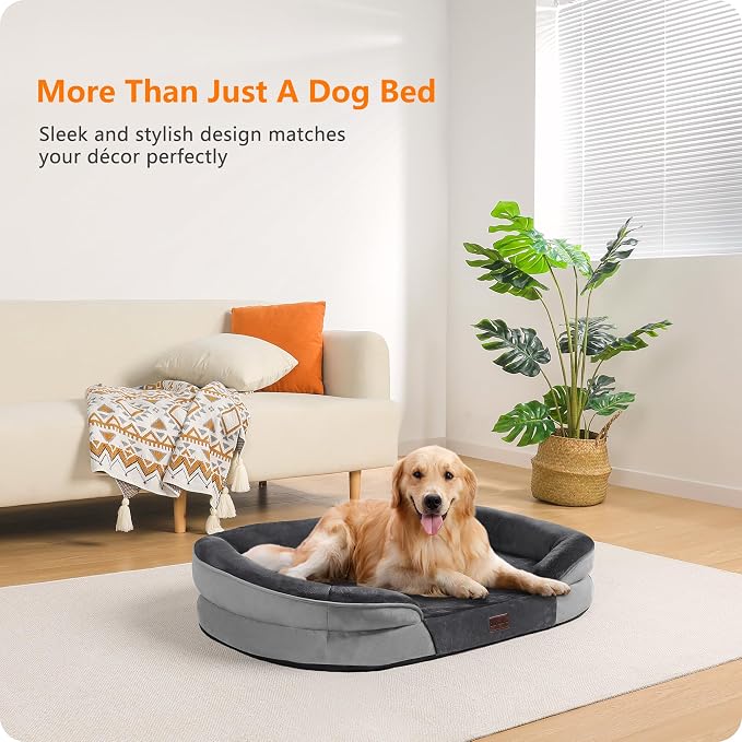 Dwanton Orthopedic Waterproof Large Dog Bed Sofa, Gel Memory Foam, 42" | Egg-Crate Foam Dog Sofa, Washable Pet Bed with Four Sided Bolster Cushion, Removable Cover & Non-Slip Bottom, Dark Grey