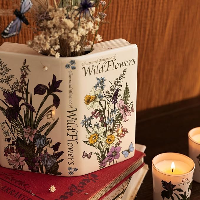 Steel Mill & Co. Ceramic Open Book Vase, Wildflowers | Vintage Inspired Flower Field Guide Decor Sculpture, Novelty Floral & Succulent Container or Bookshelf Sculpture Piece