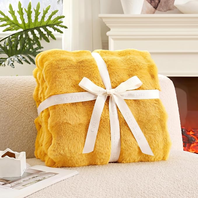 Cozy Bliss Faux Fur Throw Blanket for Couch, Fuzzy Soft Plush Thick Bubble Blanket for Sofa Bedroom Living Room, 60 * 80 Inches Yellow