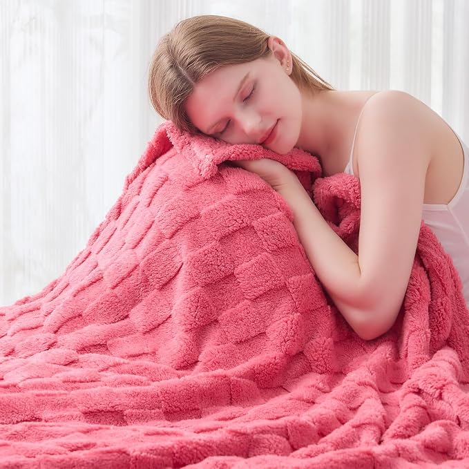 NEWCOSPLAY 3D Checkered Flannel Twin Blanket, Coral Pink, 60"x80" | Super Soft Cute Lightweight Decorative Premium Silky Fleece Blanket for Couch Sofa Bed, Gift for Women Men, All Season Use