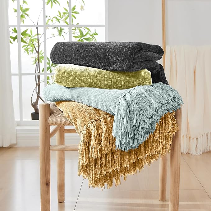 CozeCube Chenille Throw Blanket, Charcoal Grey Fringe Blanket, 60"X80" | For Couch, Cozy Plush Fuzzy Decorative Blanket with Fringe Tassels, Lightweight Throws for Bed Sofa Gift Home Decor