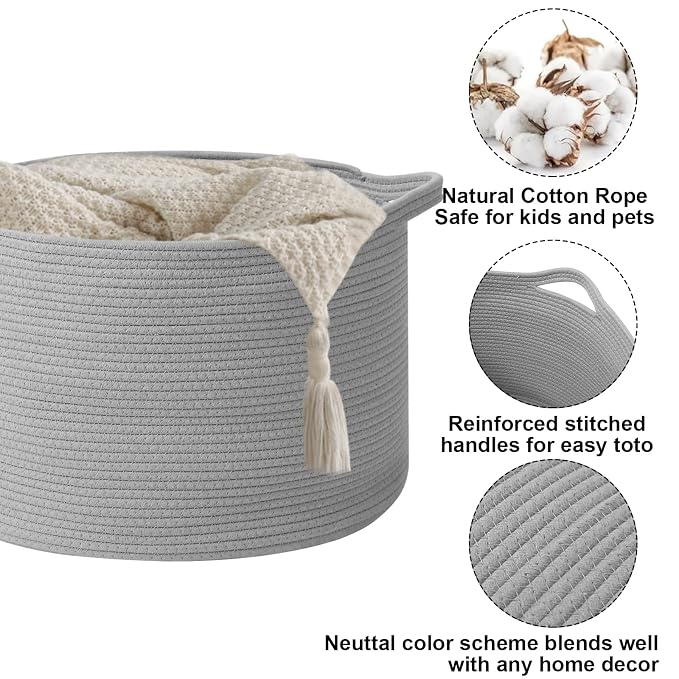 65L Large Blanket Basket,Woven Rope Laundry Basket-Light Gry | Collapsible, reinforced handles, nursery storage bin organizes clothes, toys and pillows for living room, bedroom bathroom