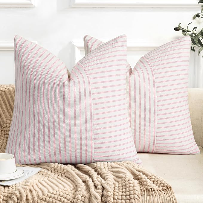 YCOLL Valentines Pillow Covers 22x22, Modern Accent Square Throw Pillow Covers Set of 2, Pink and Beige Striped Patchwork Linen Decorative Cushion Covers for Couch Chair Bedroom Home Decor