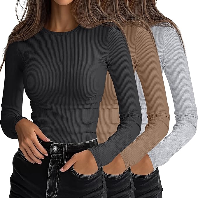 Ficerd 3 Pack Women's Ribbed Long Sleeve Tops, Crew Neck Slim Fit Undershirts Knit Basic Casual Stretch Layering Tee Shirts
