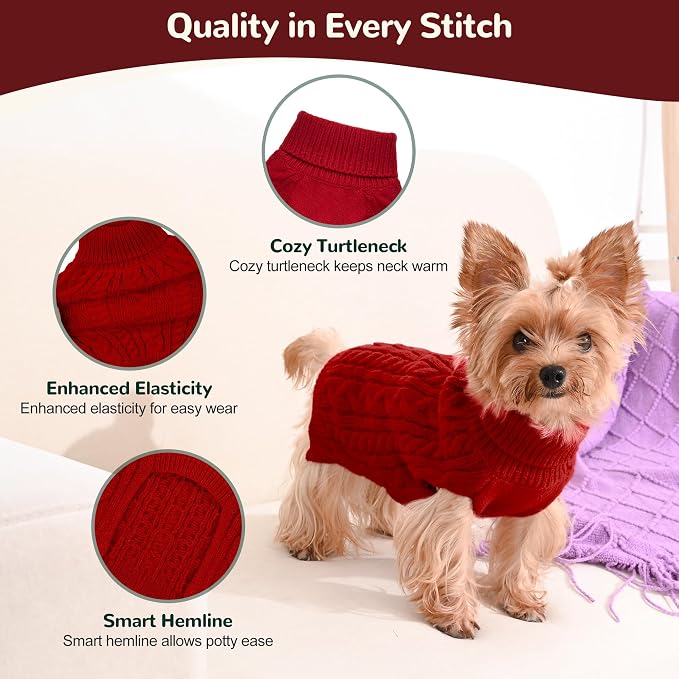 Dog Sweater 2 Pack for Small Dogs, Size S, Red & Green | Stretchy cable knit turtleneck, machine washable, high belly cut, comfy winter fit for Chihuahua, Maltese