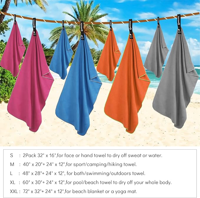 HOEAAS 2 Pack Microfiber Camping Towels, Quick Dry Towel, Super Absorbent Ultra Compact Travel Towel Soft Lightweight Sports Towel for Sweat Fast Drying Towels for Pool,Gym,Hiking,Backpacking,Fitness