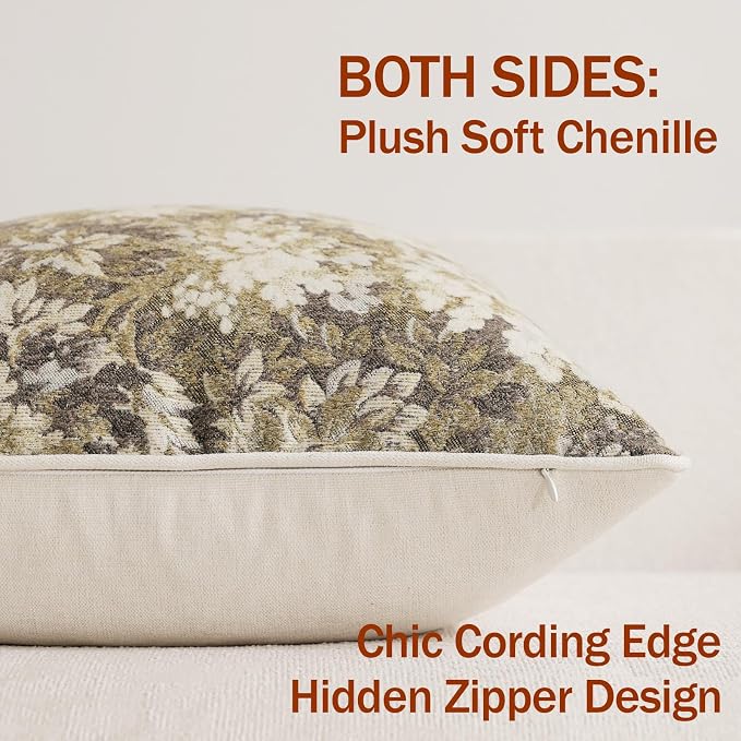 Pack of 2 Vintage Floral Throw Pillow Covers 20x20 Boho Farmhouse Accents Chenille Square Decorative Pillow Cases for Living Room Couch Bed Home Decor, Beige