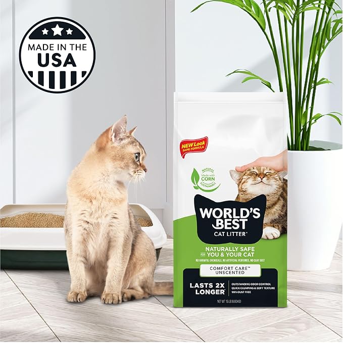 World's Best Cat Litter, Comfort Care, Unscented, Odor Control, 8 lb Bag | Gentle odor control for sensitive cats and lasts 2x longer; natural corn litter, quick clumping, flushable, 99% dust free