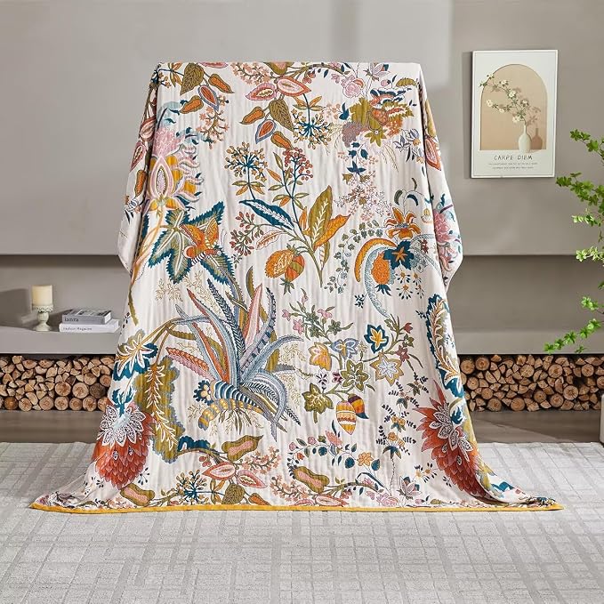 Boho Throw Blanket Farmhouse Decor Throw Blanket Bohemian Blanket for Bed 100% Cotton Muslin Woven Couch Blanket All Seasons Quilt Bedroom (J-Beige, 60"x80")