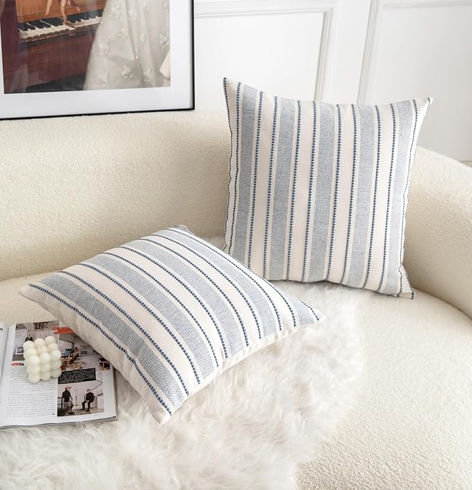 Cethom Decorative Boho Throw Pillow Covers, Farmhouse Textured Pillow Case, 22 x 22 Inch Set of 2, Chair Sofa Bedroom Living Room Home Decor Couch Cushion Case, Classic Blue and Beige Striped