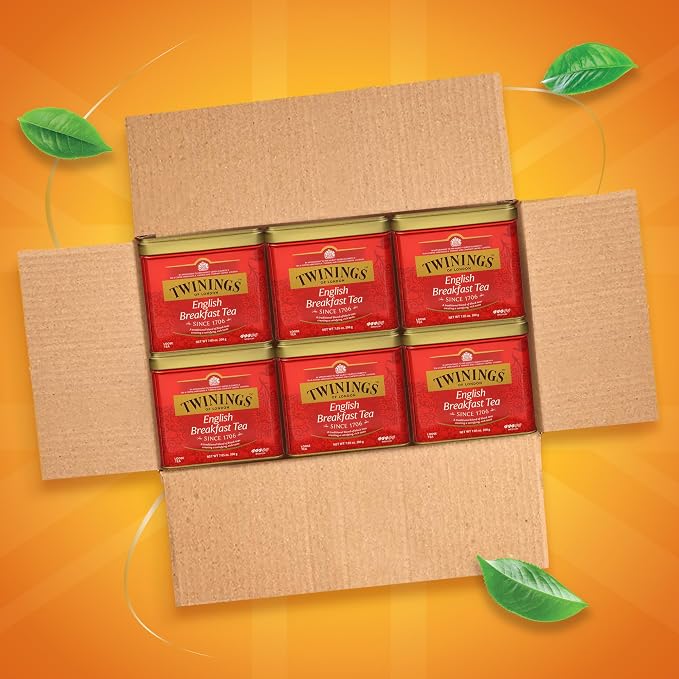 Twinings English Breakfast Loose Tea Tins, 7.05 Ounce Tins (Pack of 6), Smooth, Flavourful, Robust Black Tea Leaves, Caffeinated, Enjoy Hot or Iced