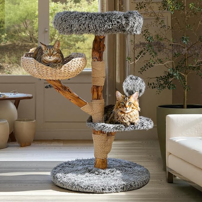 Sopapets Solid Wood Cat Tree with Hand-Woven Basket, 41.3" Natural Wood Cat Tower with Real Branch, Modern Boho Cat Furniture for Indoor Cats & Large Cats, Sisal Scratching Posts, Gray