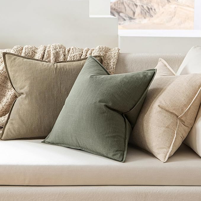 MIULEE Decorative Linen Pillow Covers 20x20 Inch Olive Green | Boho Farmhouse Neutral Couch Throw Pillows for Bed, Pack of 2 Accent Modern Pillowcases, Sofa Livingroom Home Decor