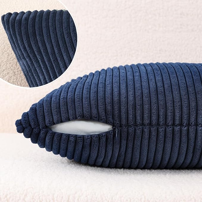 Mecatny Corduroy Decorative Throw Pillow Covers 18x18 Set of 2 Deep Blue | Soft Striped Texture, Hidden Zipper Design, Neutral Boho Square Pillow Cases for Sofa Couch Living Room Bedroom, Home Décor