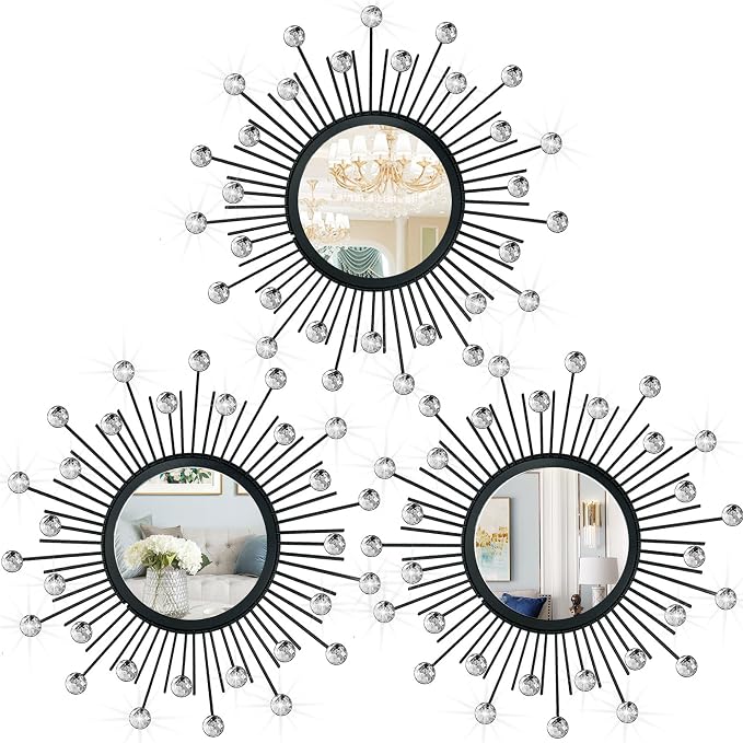 3 Pack Metal Mirrors for Wall Sunburst Wall Mirrors Home Décor Decorative Hanging Wall Art for Living Room Bedroom Entryway (Black Crystal, Sunburst)
