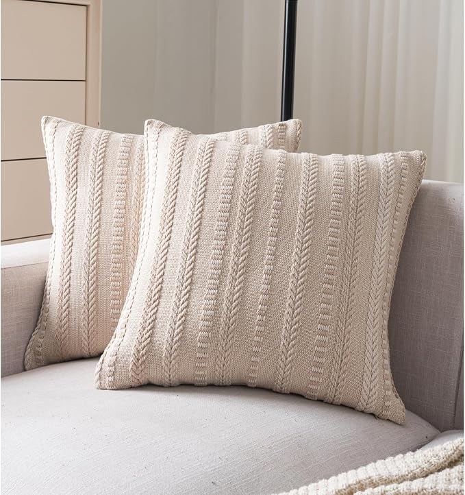 Cethom Boho Throw Pillow Covers 22x22 Inch Set of 2, Farmhouse Decorative Couch Pillow Cases, Beige Accent Pillows of Bed, Sofa Bedroom Living Room Home Decor Cushion Cover
