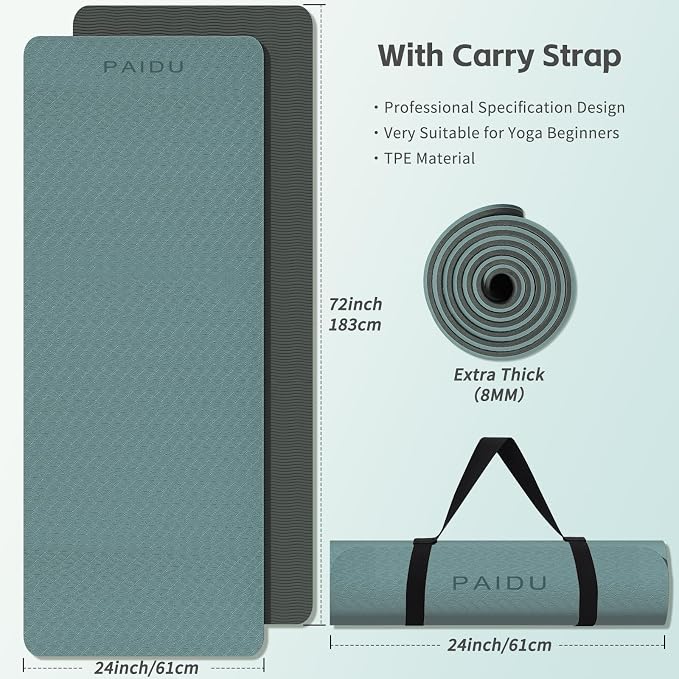 PAIDU Yoga Mat 8mm Super Thick TPE Fitness Mat | SGS Certified | Non-Slip, Odorless & Tear-Resistant | Unisex with Strap | for Yoga, Pilates, Meditation & Home Workouts