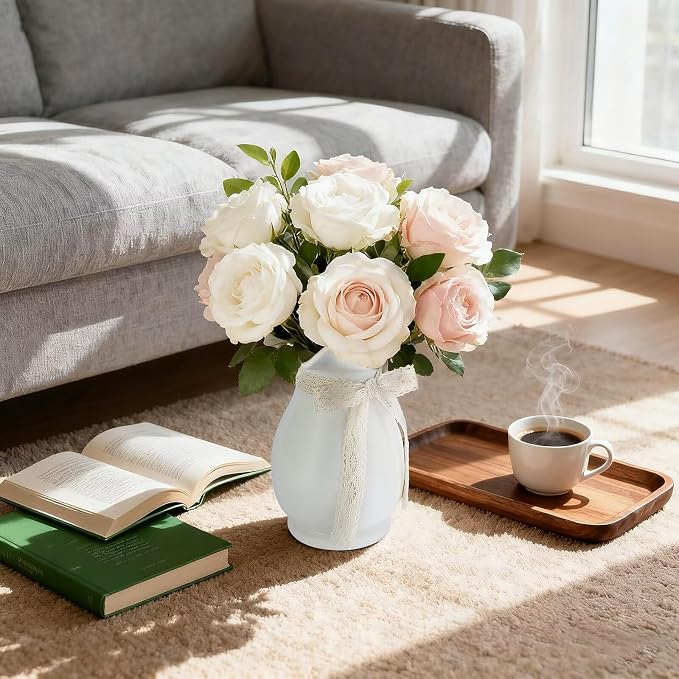 White Ceramic Flower Vase, Minimalist Decor, Modern Home Decorative Vase, Rural Farmhouses Vase for Bathroom, Dining Room, Bedroom, Living Room, Desktop Center Decoration