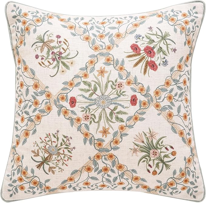 Vintage Elegant Linen Throw Pillow Cover,18"x18"-Serenity A | Designer French Square Pillow Cover,Concealed Zipper Design,Floral Pattern,Sofa,Bedroom,Living Room,Lounge Chairs