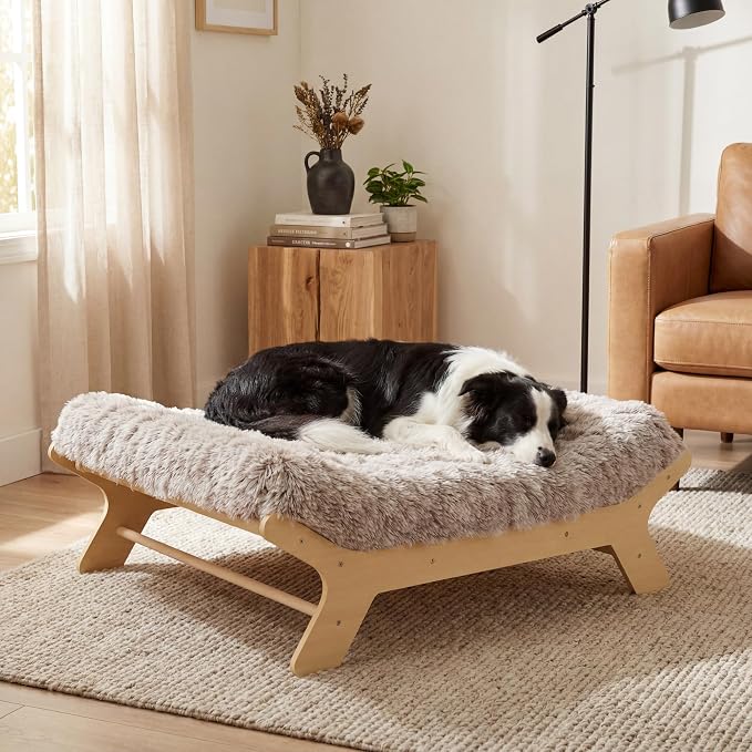 Elevated Wood Dog Bed Frame Mat Set, WoodPattern, Large | Raised Sturdy Attractive Dog Sofa Couch Furniture, 80 lb