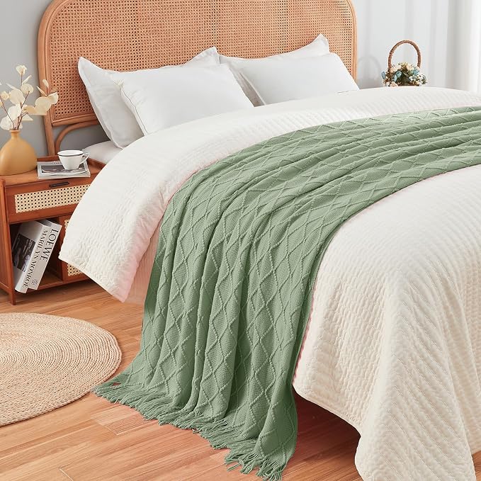 inhand Basil Green Knitted Throw Blanket for Couch and Bed, 60"x80" | Throws for Her or Him, Soft Farmhouse Woven Blanket, Tassel, Lightweight Decorative, Cozy Knit, Warm Living Room Home Decor
