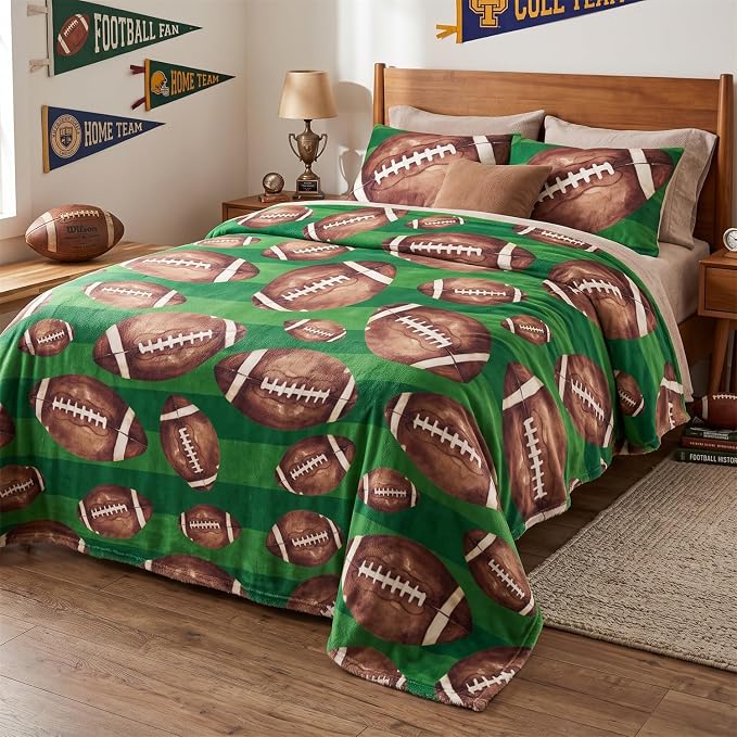 Horaldaily Football Green Flannel Throw Blanket 60x80 | All Season Using Ultra Soft Fuzzy Plush Cozy Non-shedding Blanket for Couch Sofa Bed Camping, Ideal Gift for Kids Adults
