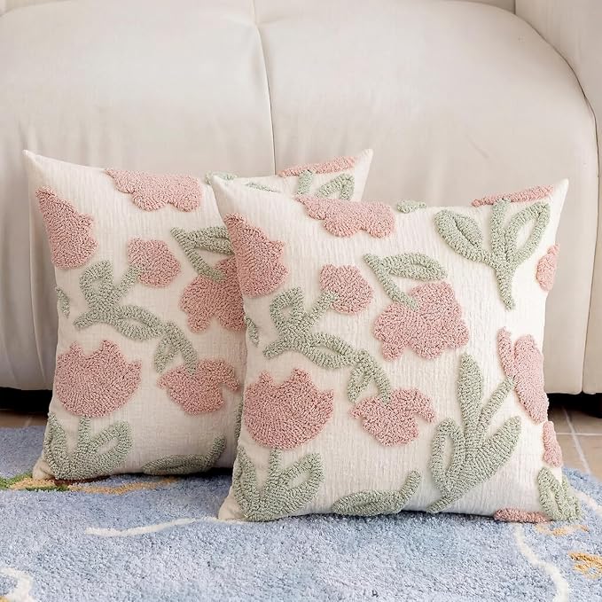 Premium Chenille Embroidered Throw Pillow Covers 18x18 Set of 2, Thick 3D Tufted Pink Floral Decorative Cushion Covers with Hidden Zipper for Couch Sofa Bed Living Room Boho Home Decor