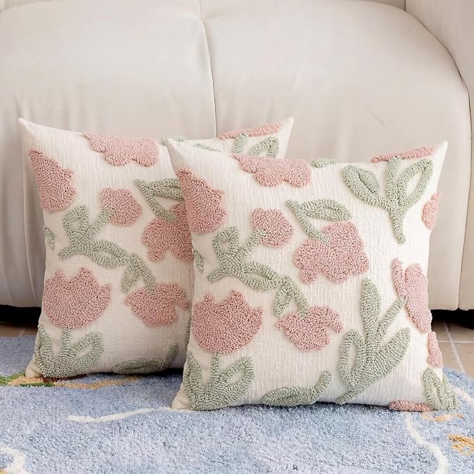 Premium Chenille Embroidered Throw Pillow Covers 20x20 Set of 2, Thick 3D Tufted Pink Floral Decorative Cushion Covers with Hidden Zipper for Couch Sofa Bed Living Room Boho Home Decor