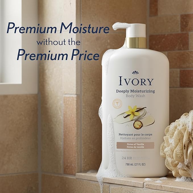 Ivory Body Wash, Deeply Moisturizing, 24hr Nourishing Hydration, Soothes Itchy Dry Skin, Made with Shea Butter Blend, Free of Dyes Heavy Perfumes Parabens & Phthalates, Vanilla Scent, 27 oz