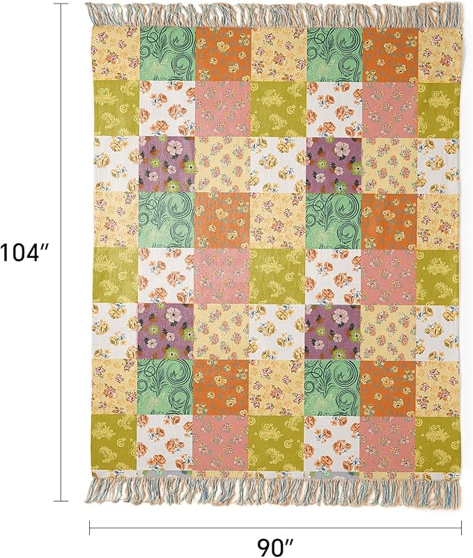 RILIHO 100% Cotton Boho Throw Blanket for Home Decor – Classic Farmhouse Quilt Bedding, Muslin Blankets for Adults, Vintage Woven Decorative Blanket for Couch, Bed Layering Use, Patchwork, 104"x90"