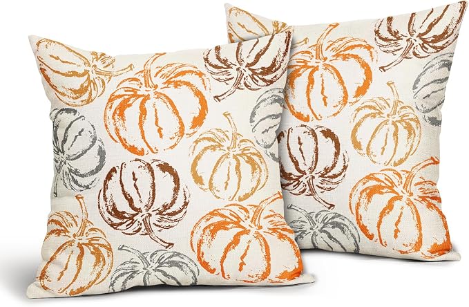 Fall Pillow Covers 24X24 Inch Set of 2 Burnt Orange Brown Grey Pumpkin Decorative Pillow Cases Autumn Harvest Thanksgiving Cotton Linen Cushion Case Holiday Home Decor For Sofa Bed Couch Outdoor